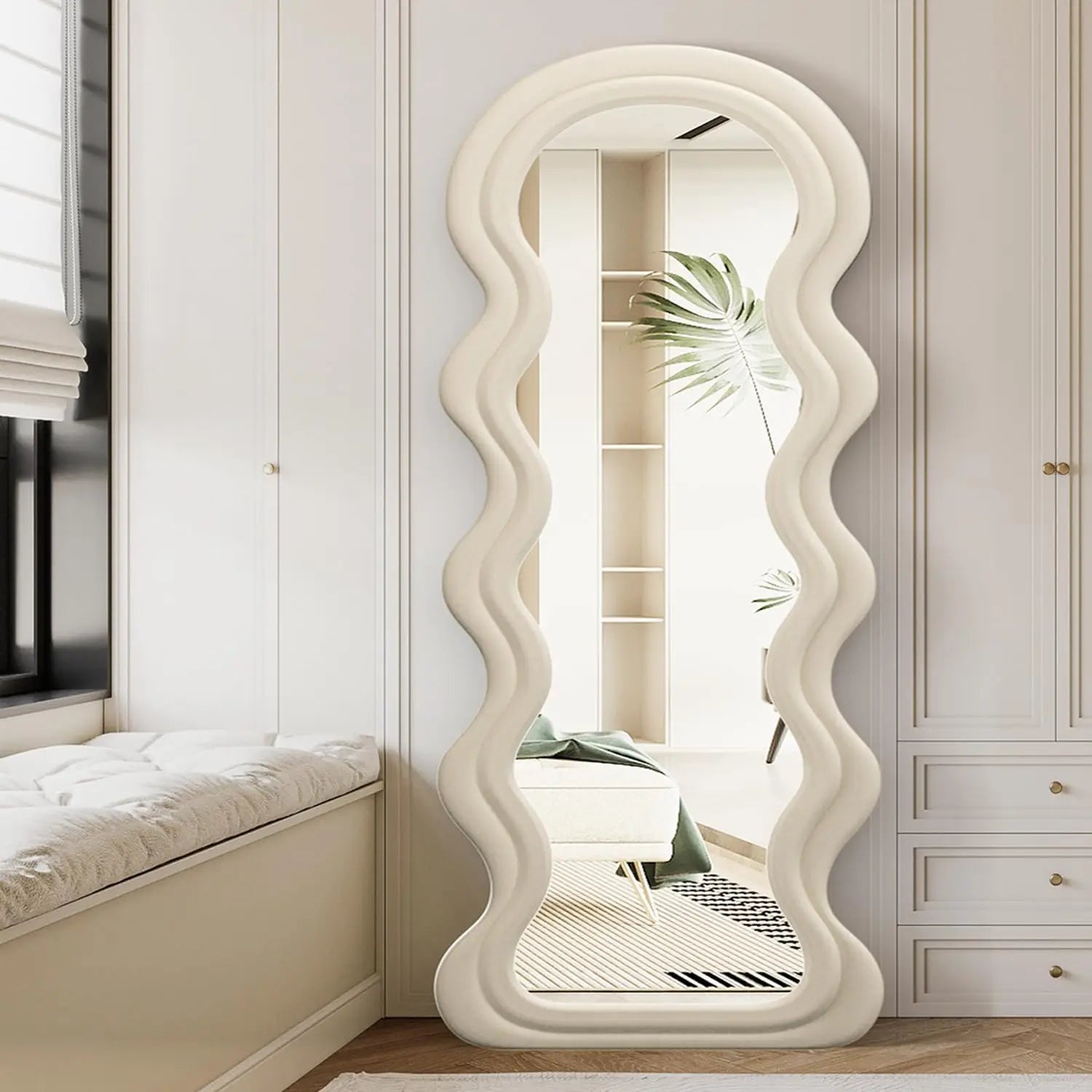 Full Length Mirror, 63" x 24" Floor Mirror, Irregular Wavy Mirror, Full Length Wall Mirror, Standing Flannel Wrapped Wooden