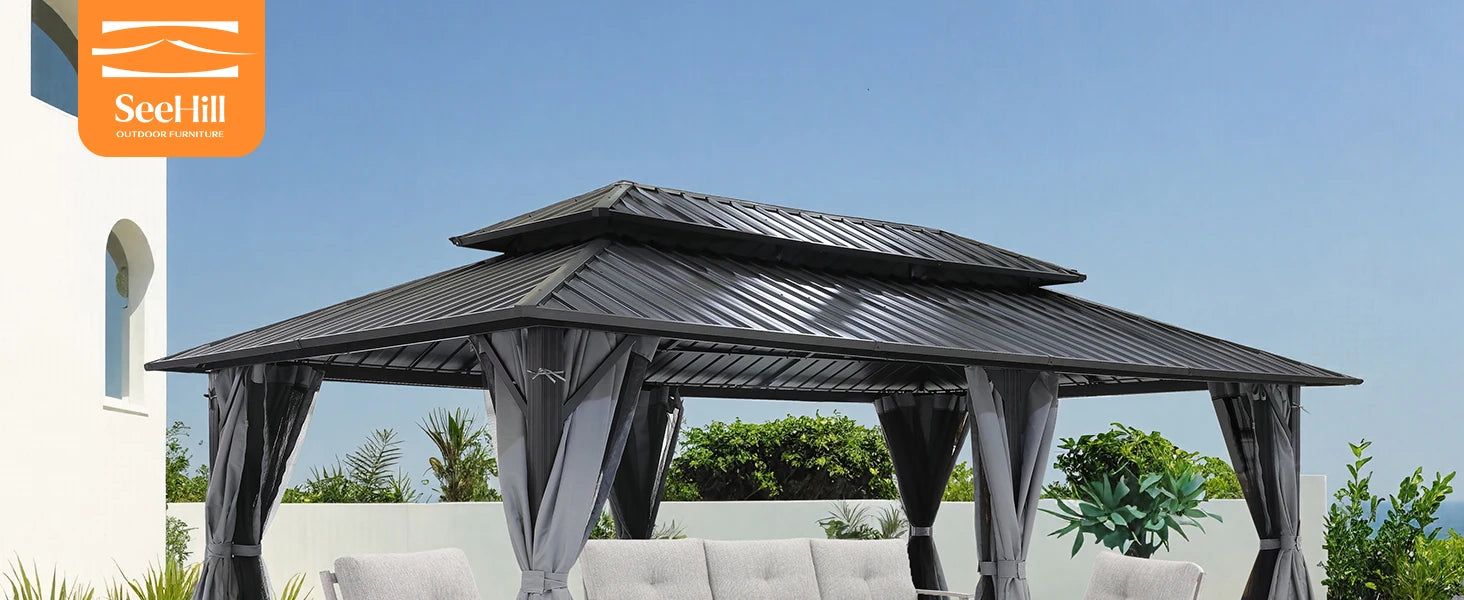 12' x 20' Large Aluminum Hardtop Gazebo, Outdoor Patio Pergola with Double Steel Roofs, Netting and Side Curtains
