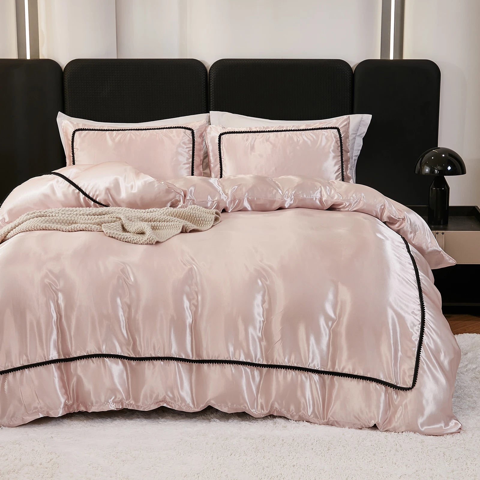 3PCS Satin Duvet Cover Set Silk White Black And Pink Bedding Comforter Cover Silky Luxury Silky Bed set Soft for All season
