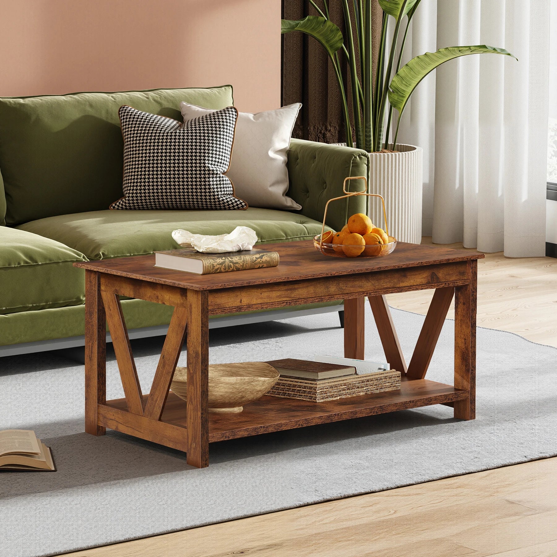 Farmhouse Wood Coffee Table with Storage Shelf – V-Shaped Support Center Table