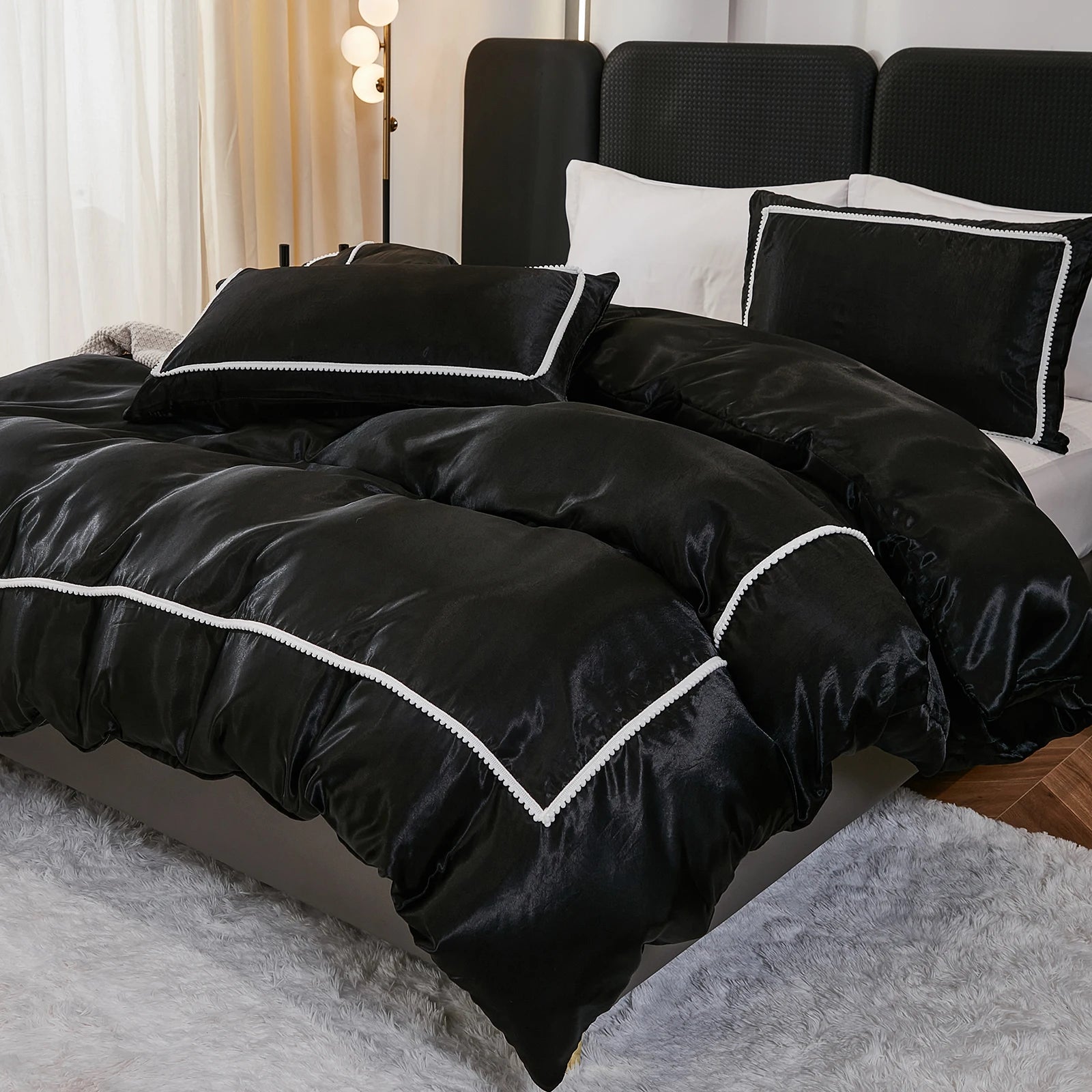3PCS Satin Duvet Cover Set Silk White Black And Pink Bedding Comforter Cover Silky Luxury Silky Bed set Soft for All season