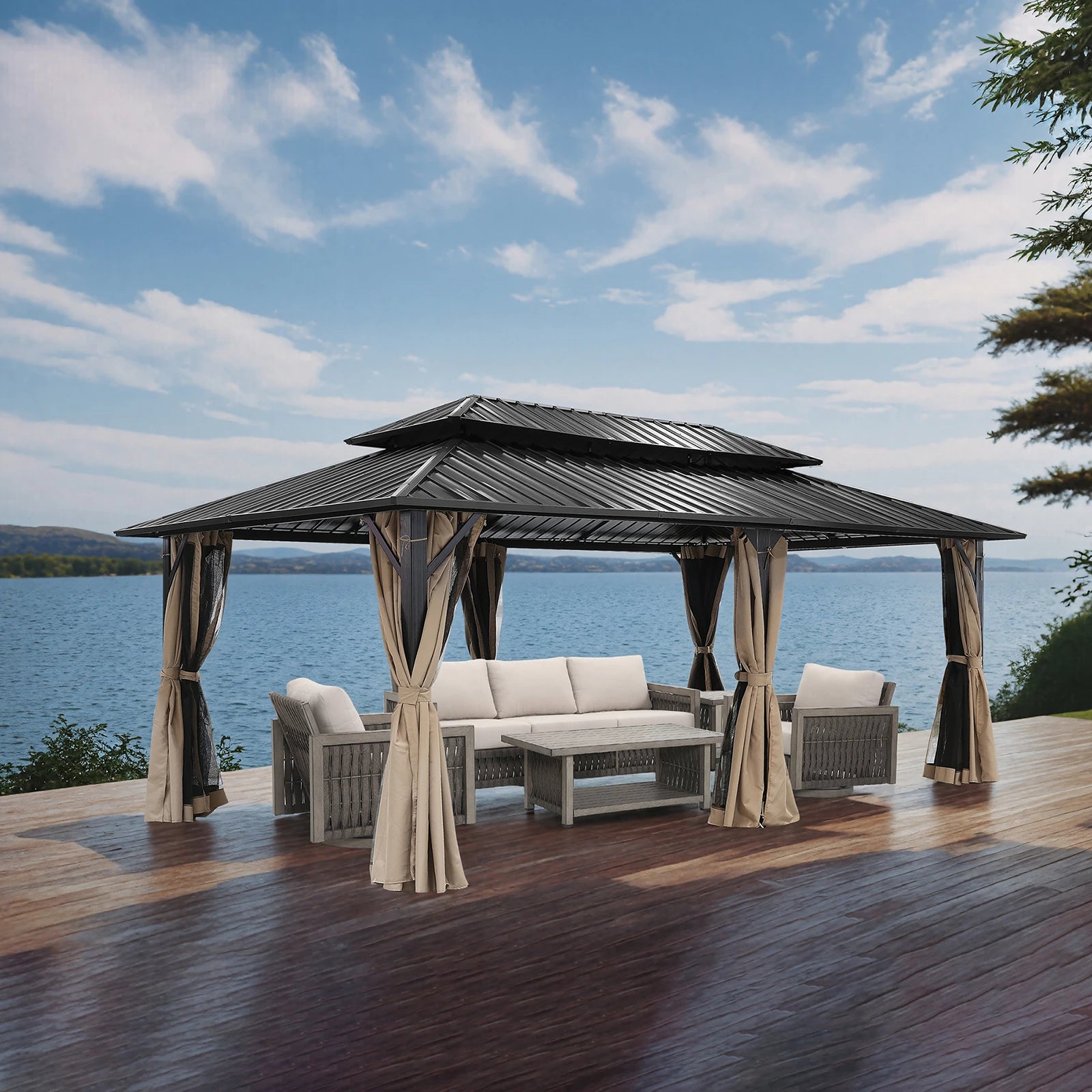 12' x 20' Large Aluminum Hardtop Gazebo, Outdoor Patio Pergola with Double Steel Roofs, Netting and Side Curtains