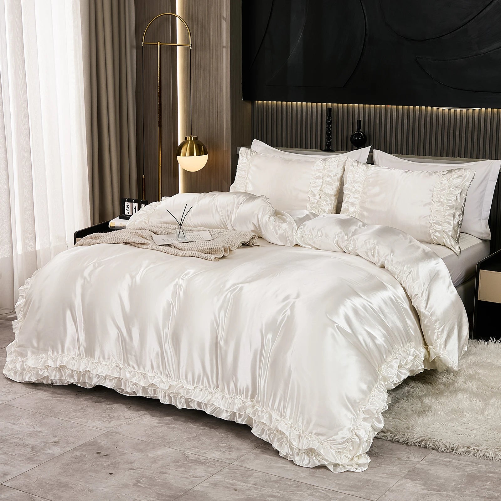 3PCS Satin Duvet Cover Set Silk White Khaki And Pink Bedding Comforter Cover Silky Ruffle Pattern Luxury Silky Bed set Soft