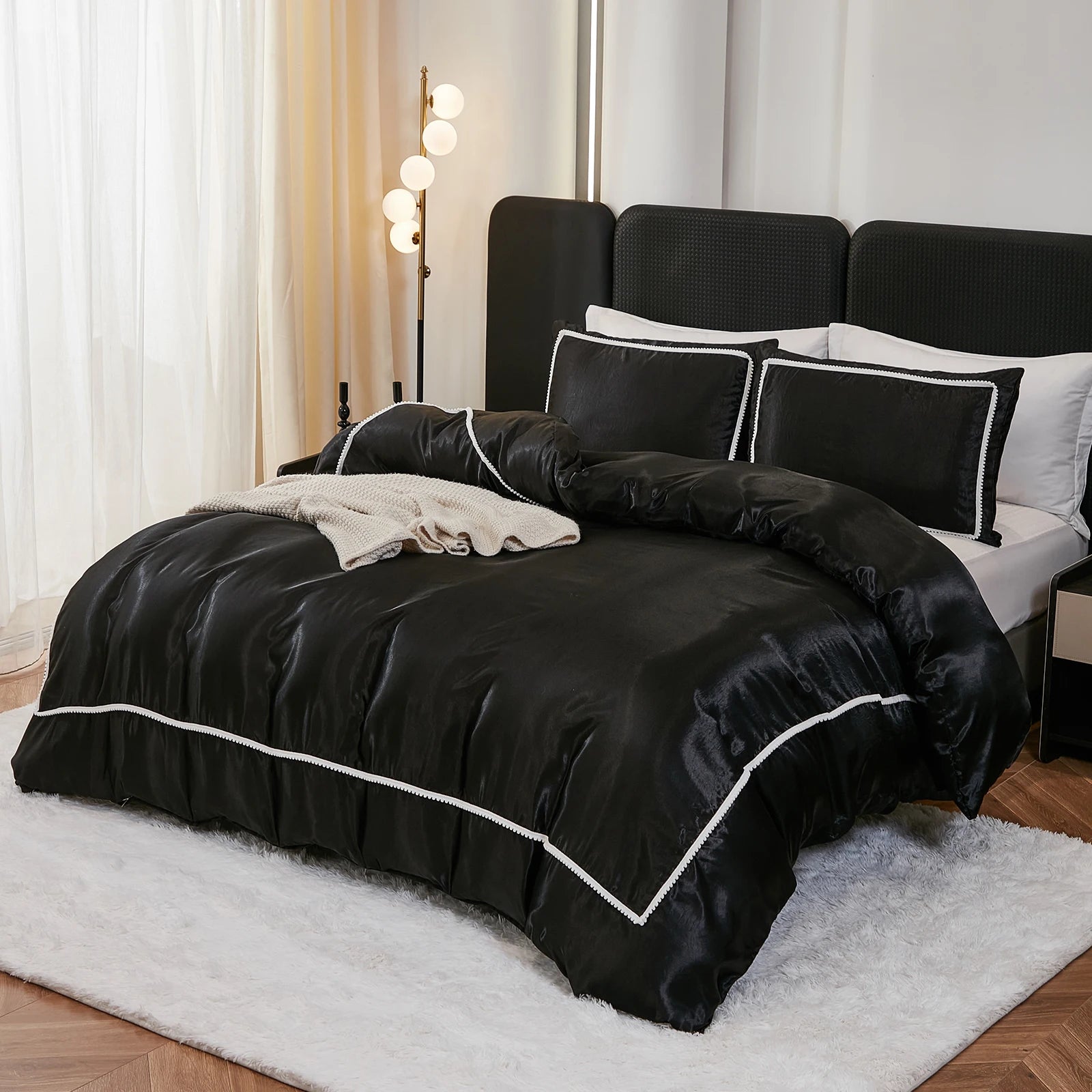 3PCS Satin Duvet Cover Set Silk White Black And Pink Bedding Comforter Cover Silky Luxury Silky Bed set Soft for All season