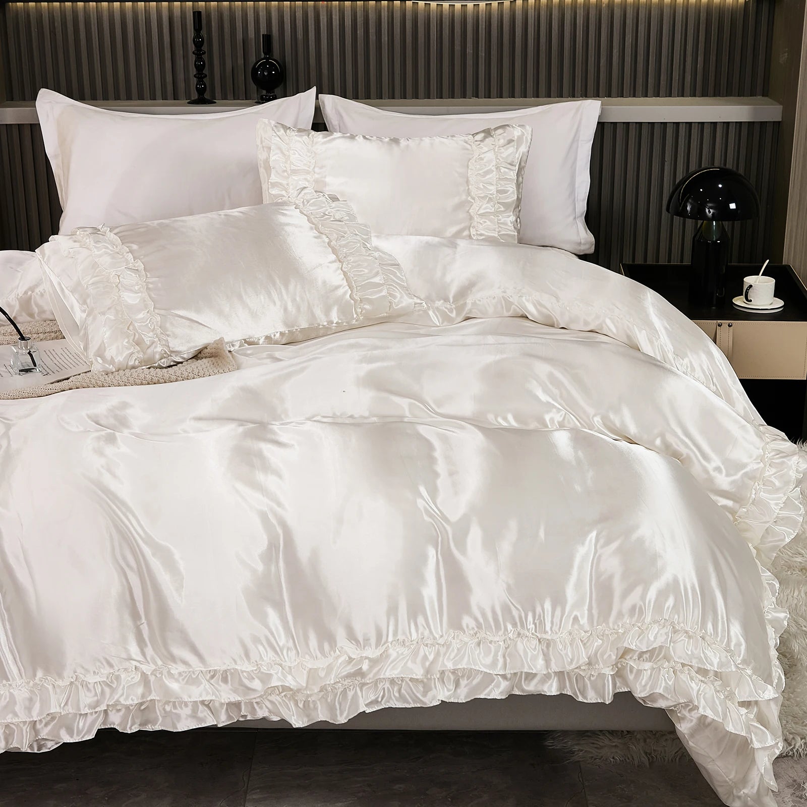 3PCS Satin Duvet Cover Set Silk White Khaki And Pink Bedding Comforter Cover Silky Ruffle Pattern Luxury Silky Bed set Soft