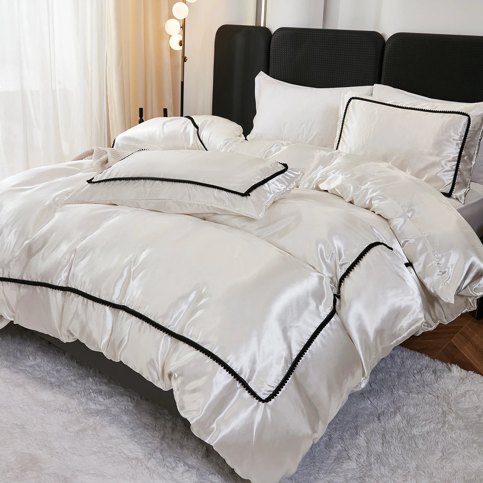 3PCS Satin Duvet Cover Set Silk White Black And Pink Bedding Comforter Cover Silky Luxury Silky Bed set Soft for All season