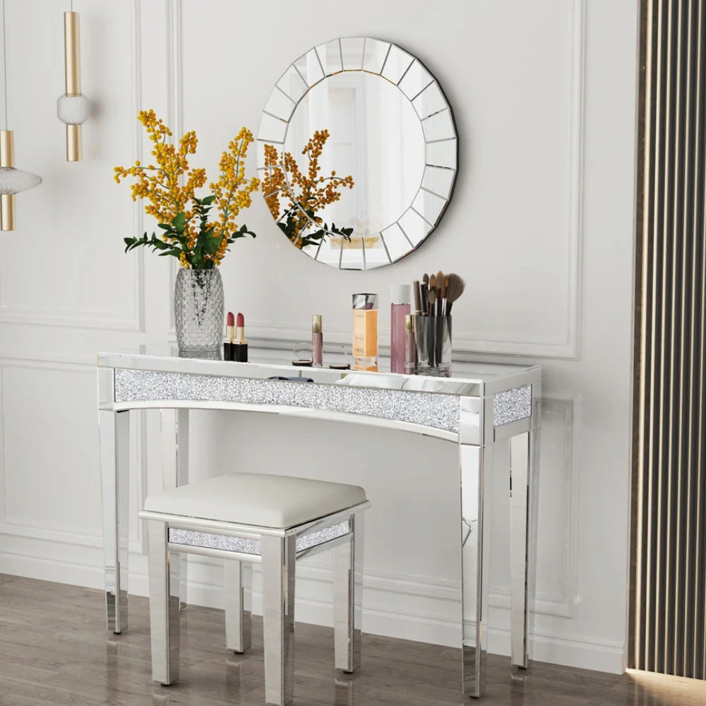 Silvered Mirrored Console Table Sparkle Crush Diamonds Entryway Table Sofa Behind Furniture