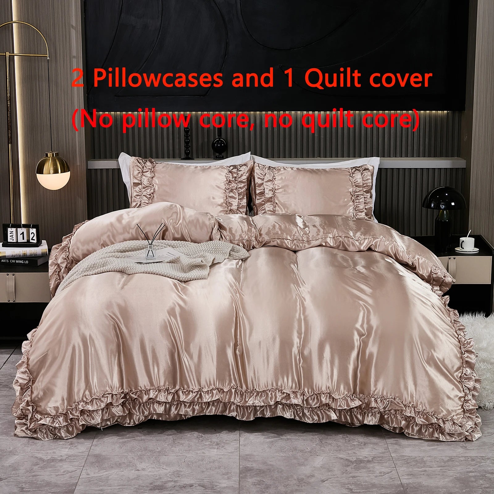 3PCS Satin Duvet Cover Set Silk White Khaki And Pink Bedding Comforter Cover Silky Ruffle Pattern Luxury Silky Bed set Soft