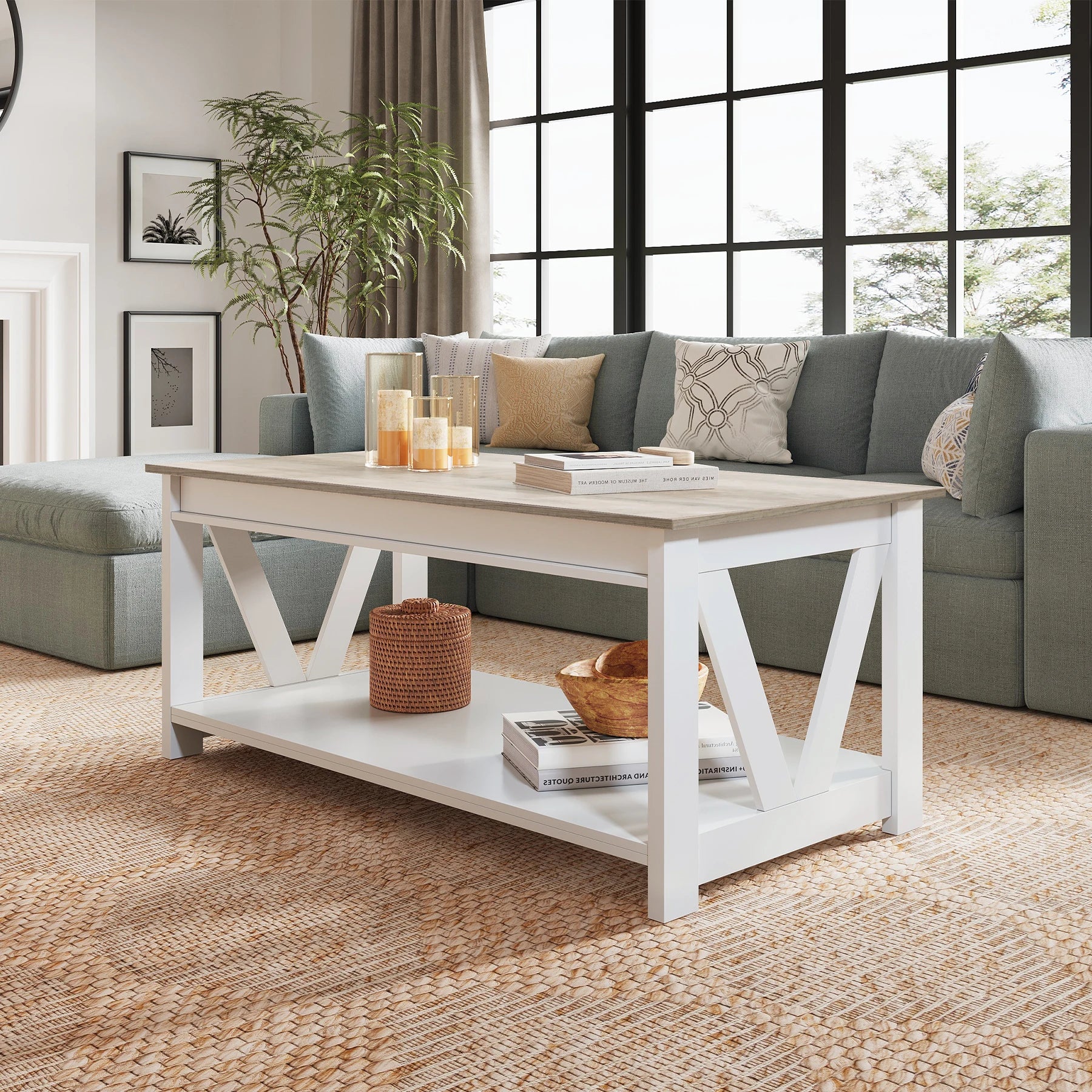 Farmhouse Wood Coffee Table with Storage Shelf – V-Shaped Support Center Table