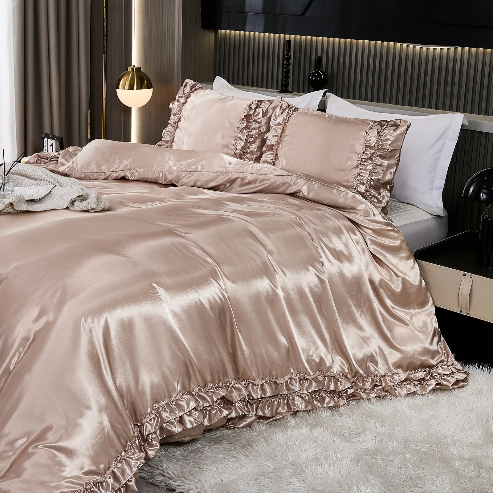 3PCS Satin Duvet Cover Set Silk White Khaki And Pink Bedding Comforter Cover Silky Ruffle Pattern Luxury Silky Bed set Soft