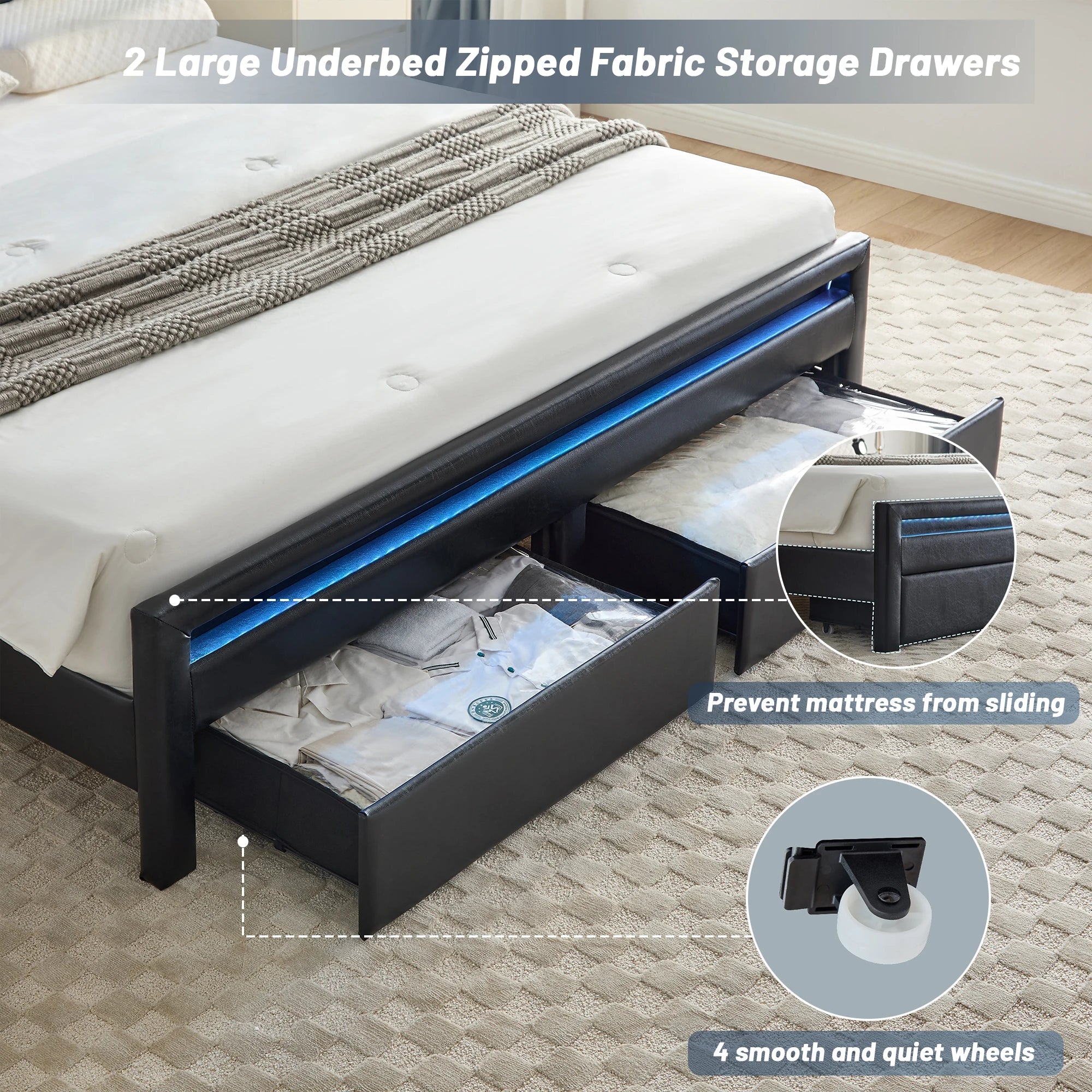 LED Upholstered Platform Bed Frame with Storage Drawers & Bookcase Headboard – Charging Station