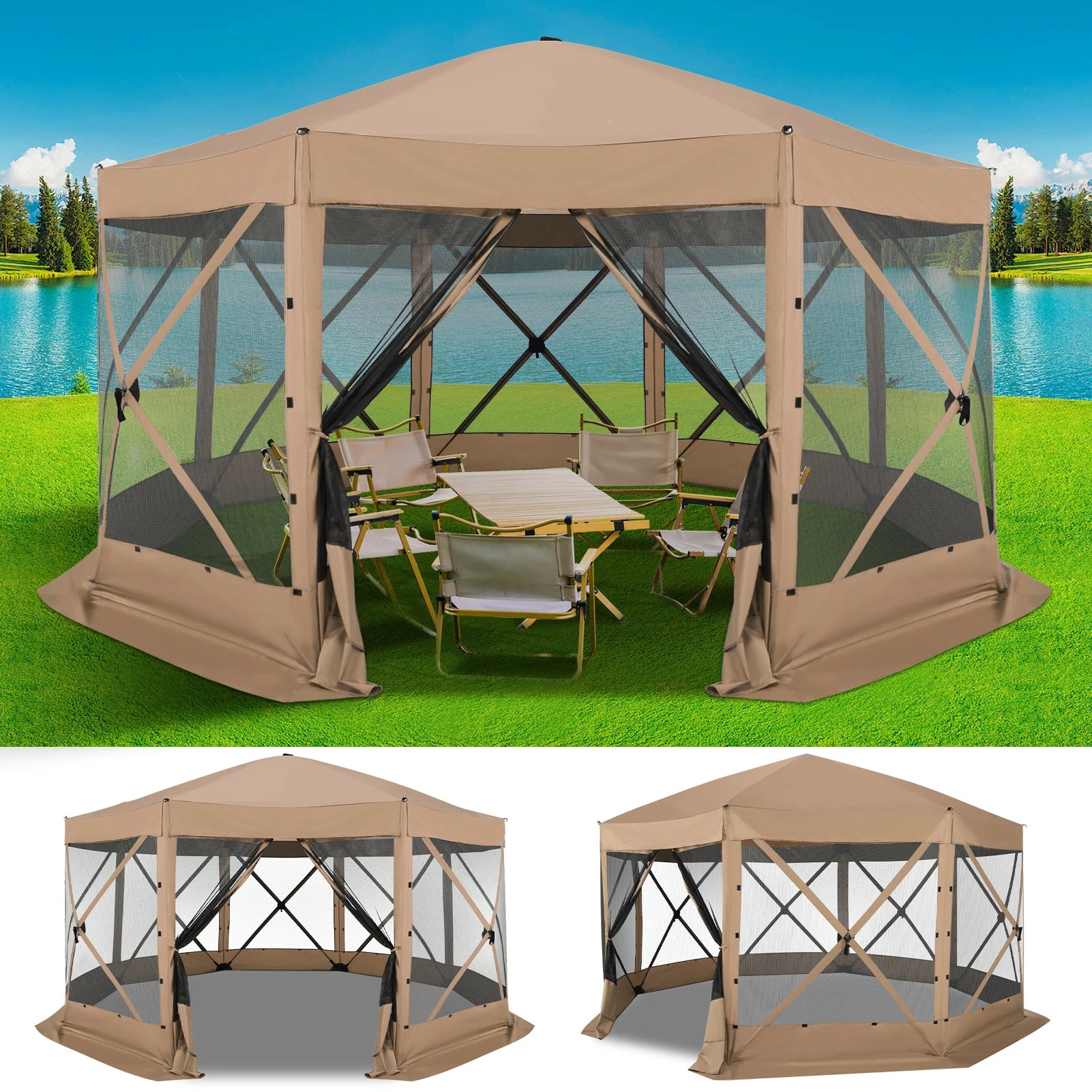 15x15ft Outdoor Tent Extra Large Pop-Up Gazebo Canopy Tent With Mosquito Netting Screened Shelter Pavilion With Ground Stakes