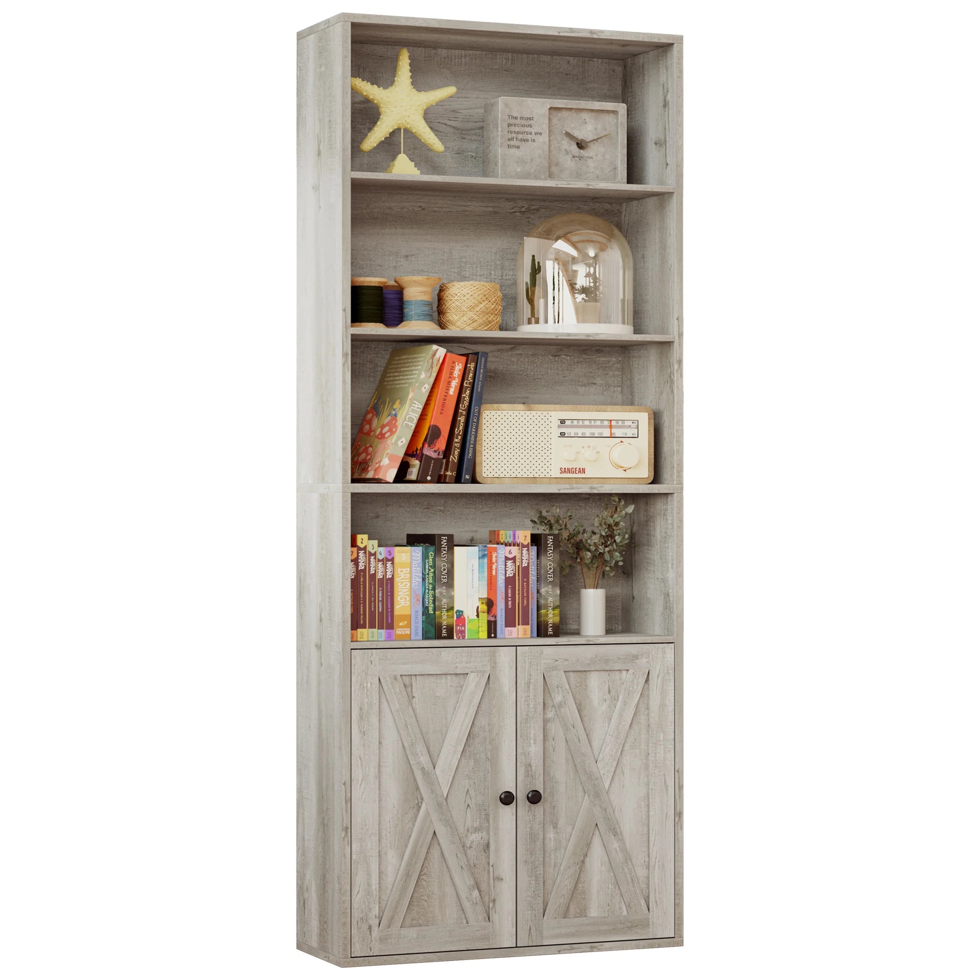 Industrial 6-Shelf Bookcase with Doors – 70″ Floor-Standing Storage & Display Bookshelf