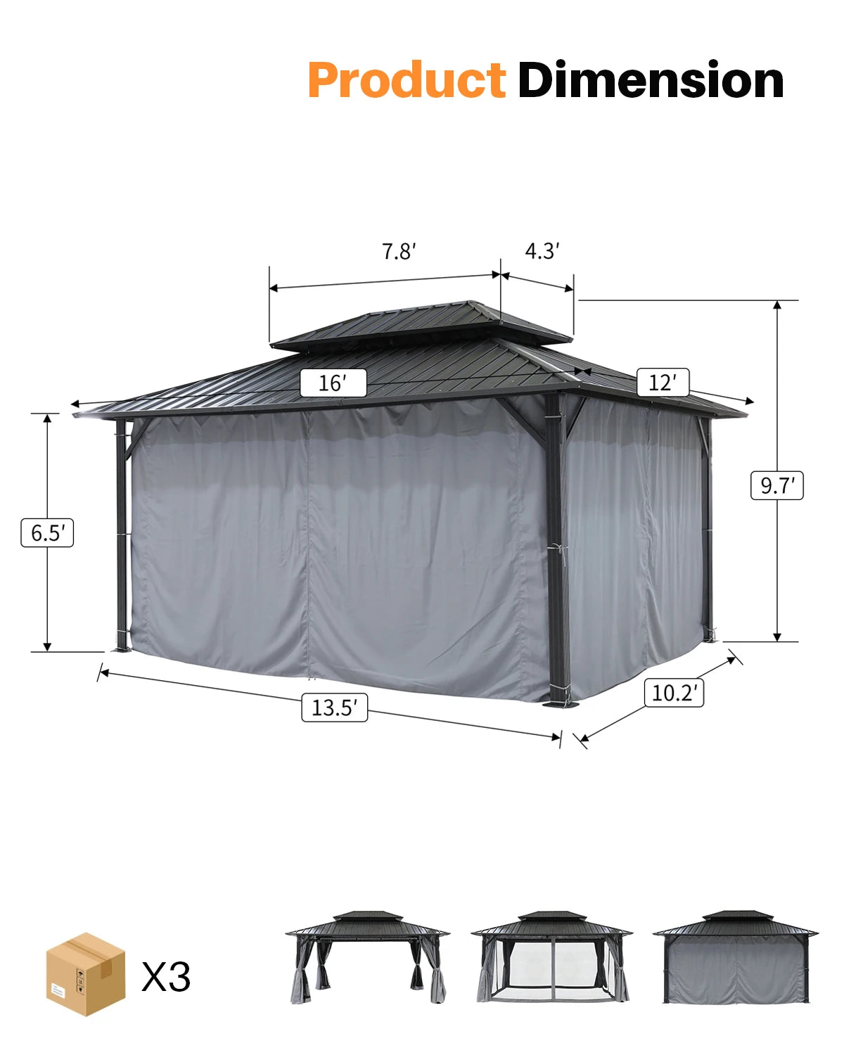 12' x 16' Outdoor Hardtop Gazebo with Aluminum Frame, Double Steel Roof Patio Pergola with Netting and Curtains