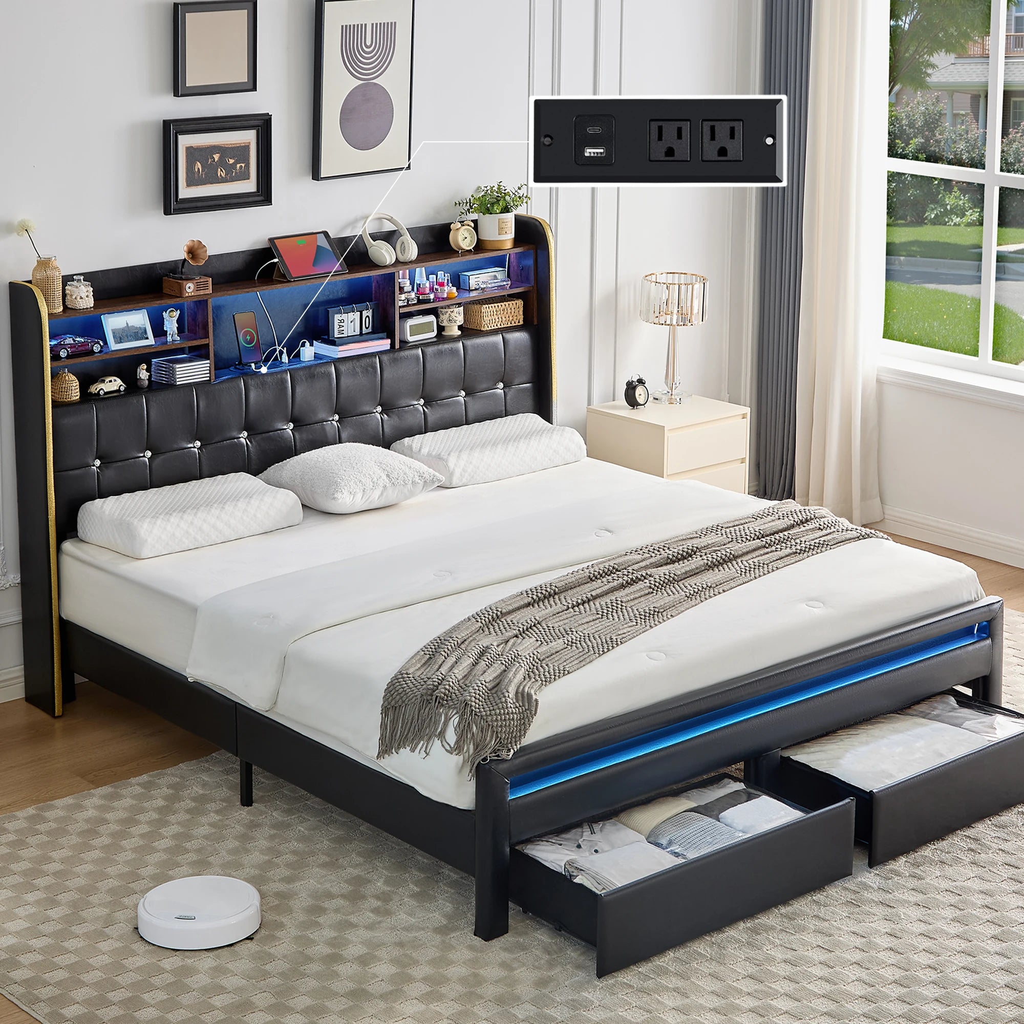 LED Upholstered Platform Bed Frame with Storage Drawers & Bookcase Headboard – Charging Station