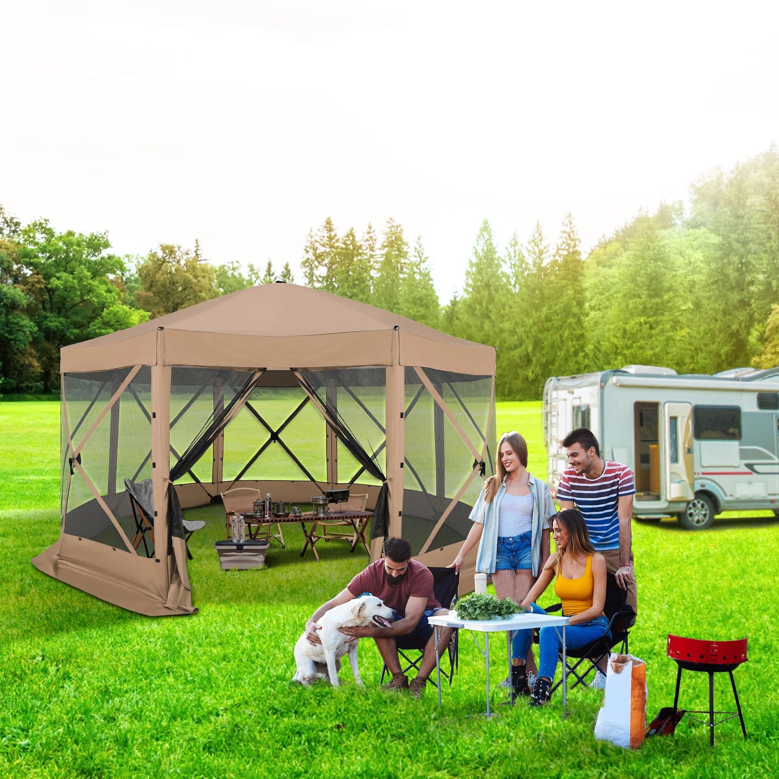 15x15ft Outdoor Tent Extra Large Pop-Up Gazebo Canopy Tent With Mosquito Netting Screened Shelter Pavilion With Ground Stakes