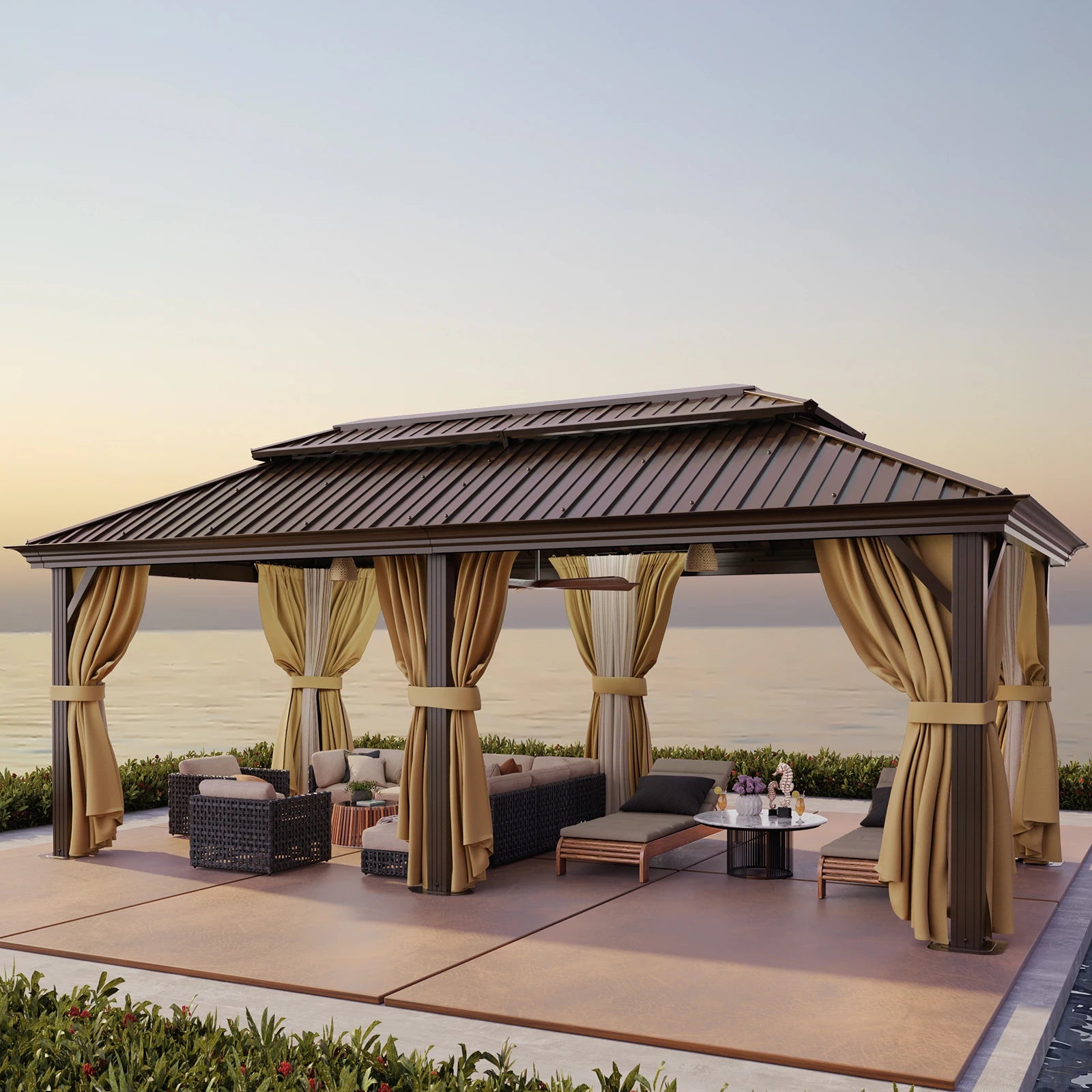 12×20 Hardtop Gazebo with Metal Roof, Heavy Duty Galvanized Steel Gazebo with Reinforced Aluminum Frame, Flame-Resistant Curtain