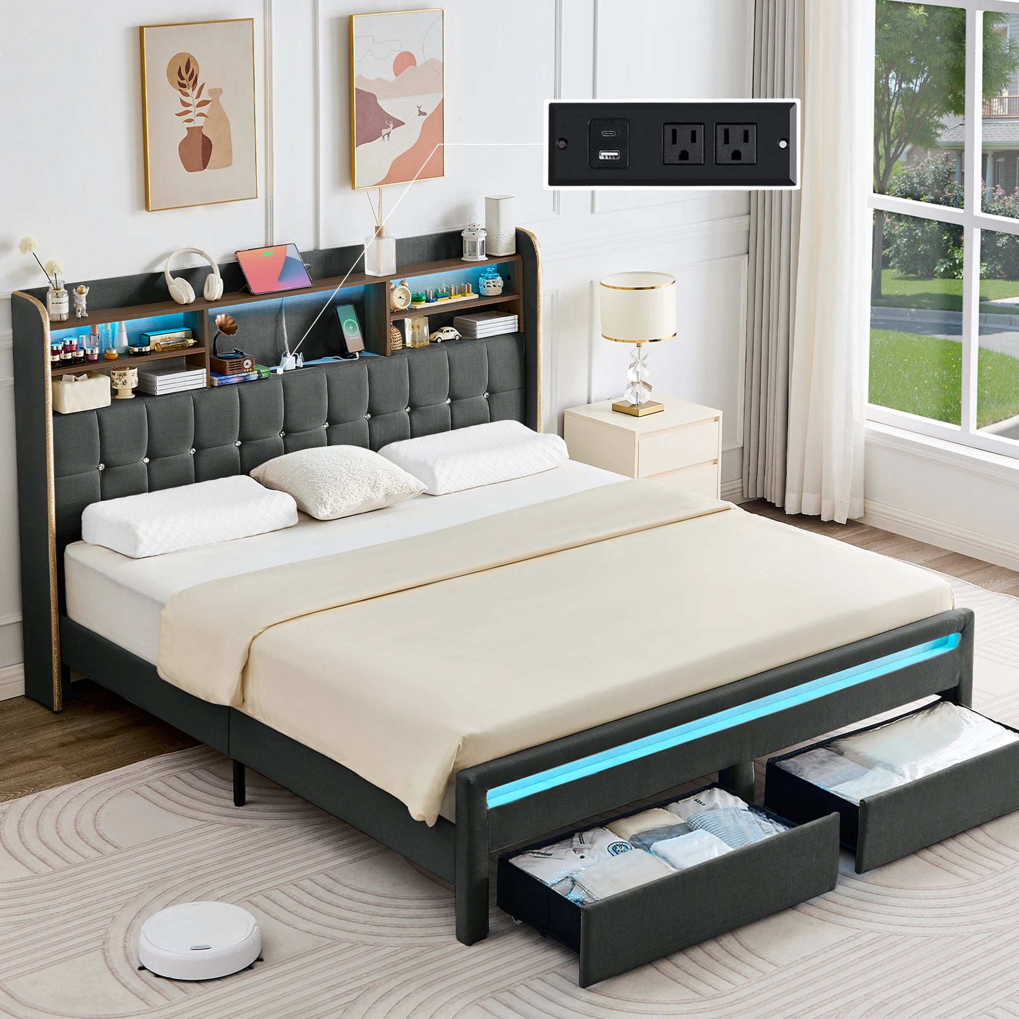 LED Upholstered Platform Bed Frame with Storage Drawers & Bookcase Headboard – Charging Station