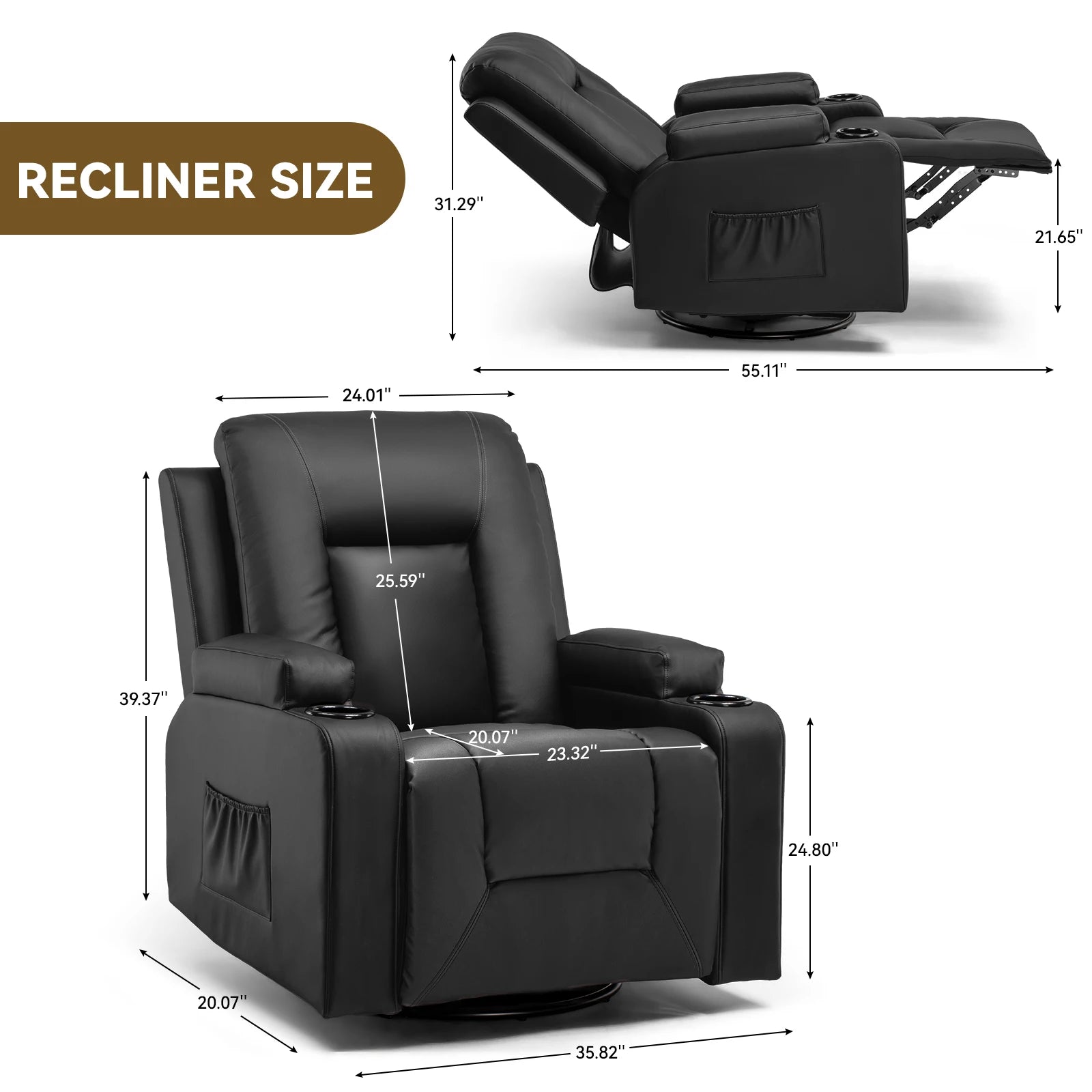Recliner Chair, Pu Rocking Chair for Adults, Swivel Recliner with Cup Holders, Heat and Massage