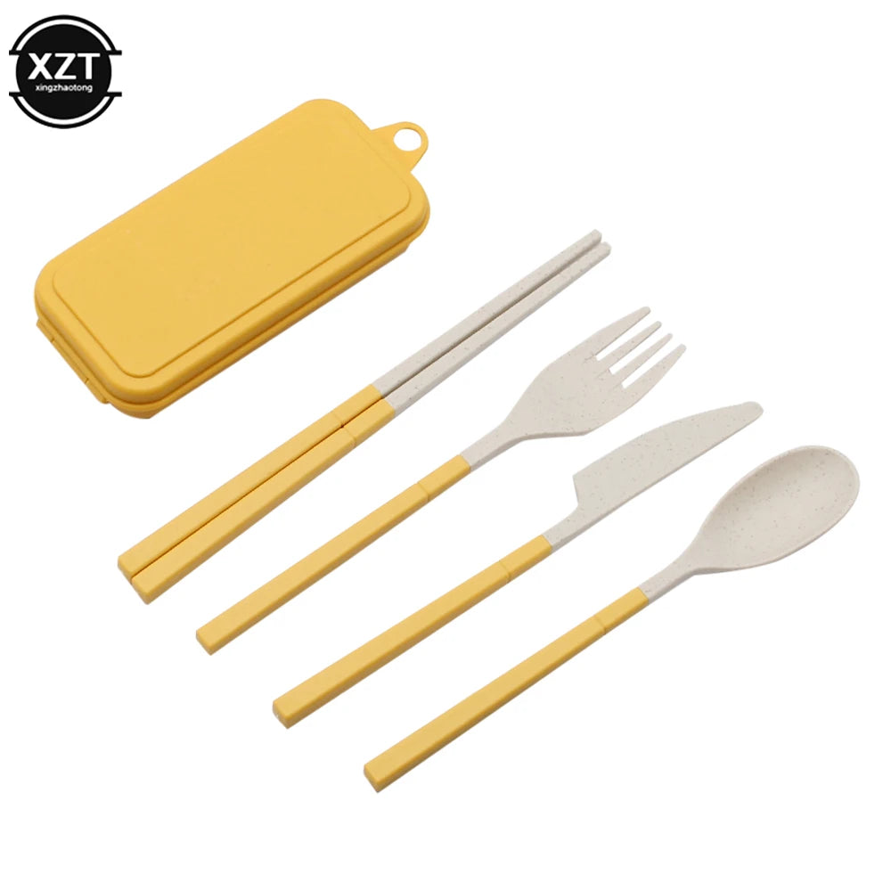 Foldable Wheat Straw Spoon Fork Knife Chopsticks Cutlery Set With Box Removable Dinnerware For Outdoor Travel Picnic Tableware