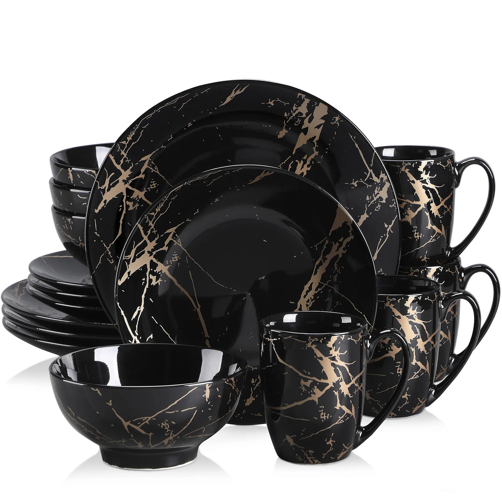 Black Porcelain Dinnerware Set with Gold Splash Design – 16, 32, or 48 Piece Tableware Collection
