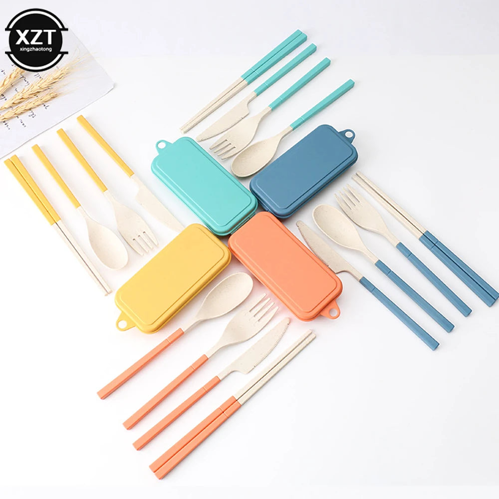 Foldable Wheat Straw Spoon Fork Knife Chopsticks Cutlery Set With Box Removable Dinnerware For Outdoor Travel Picnic Tableware