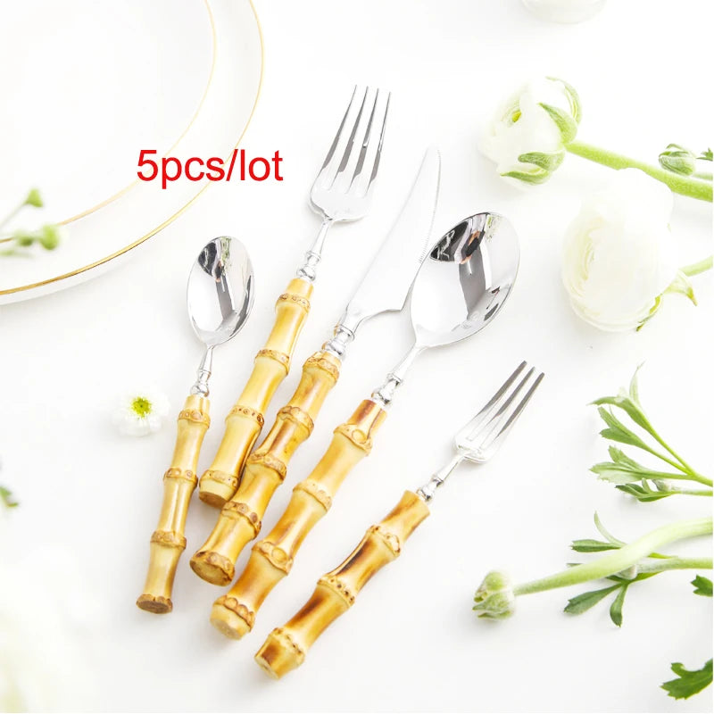 Bamboo Handle Cutlery Set Dinnerware Set 5/20pcs 18/10 Stainless Steel Knife Fork Spoon Tableware Cutleries Sets Dropshipping