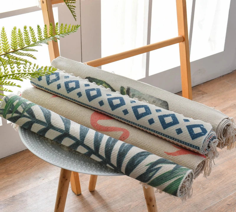 Retro Boho Cotton Linen Tassel Woven Carpet Geometric Floor Mat Door Bedroom Tapestry Decorative Blanket Living Room Area Rug