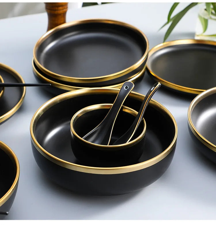 Gilt Rim Black Porcelain Dinner Plates Kitchen Dishes Ceramics Tableware Food Tray Rice Salad Noodles Bowl Cutlery Set