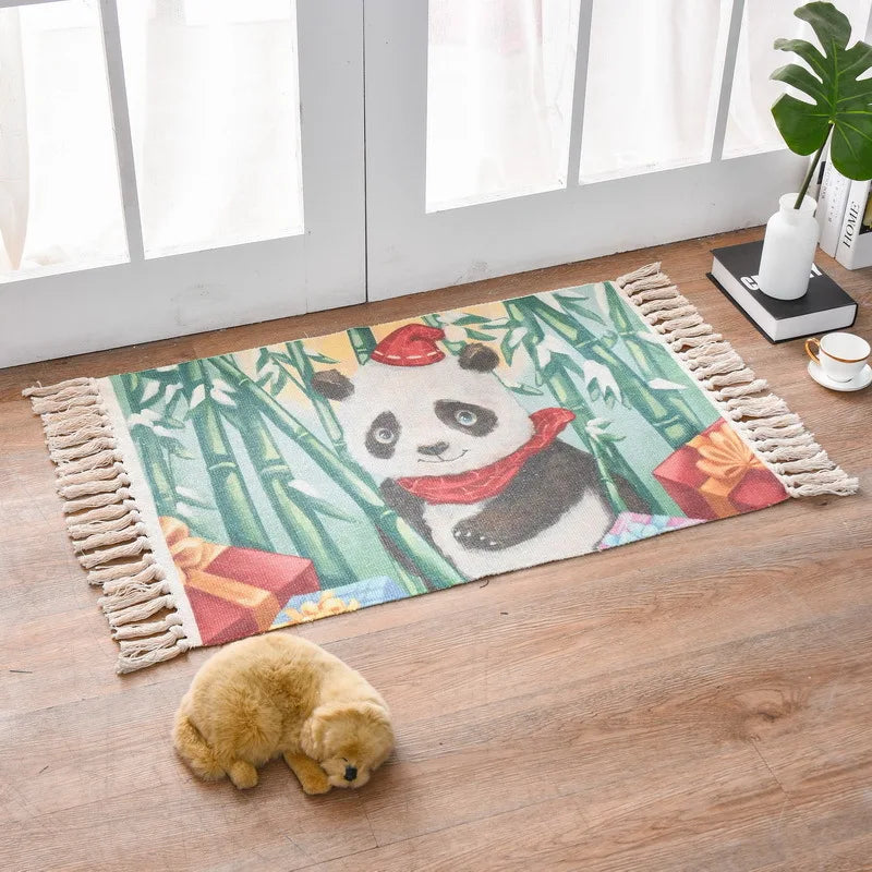 Retro Boho Cotton Linen Tassel Woven Carpet Geometric Floor Mat Door Bedroom Tapestry Decorative Blanket Living Room Area Rug