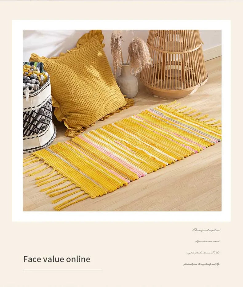 Rag Cotton Tassel Door Mat Indoor Machine Washable Bedroom Carpet Rugs Stripe Handmade Kitchen Area Rug Hallway Entrance Doormat