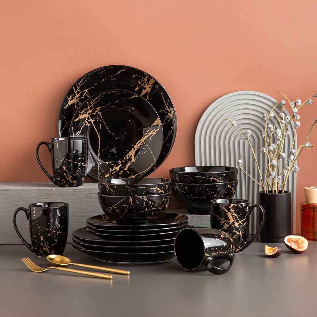 Black Porcelain Dinnerware Set with Gold Splash Design – 16, 32, or 48 Piece Tableware Collection