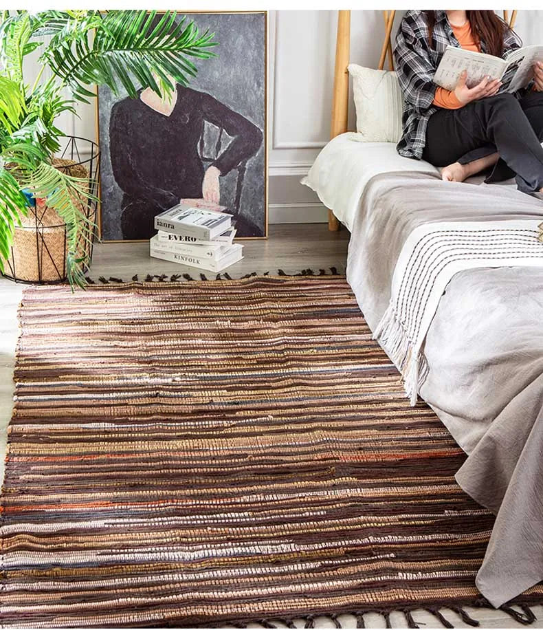 Rag Cotton Tassel Door Mat Indoor Machine Washable Bedroom Carpet Rugs Stripe Handmade Kitchen Area Rug Hallway Entrance Doormat