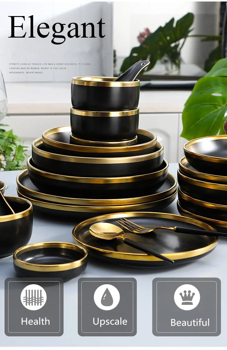 Gilt Rim Black Porcelain Dinner Plates Kitchen Dishes Ceramics Tableware Food Tray Rice Salad Noodles Bowl Cutlery Set