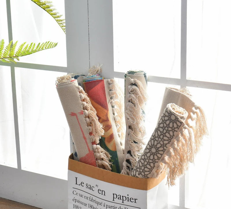 Retro Boho Cotton Linen Tassel Woven Carpet Geometric Floor Mat Door Bedroom Tapestry Decorative Blanket Living Room Area Rug