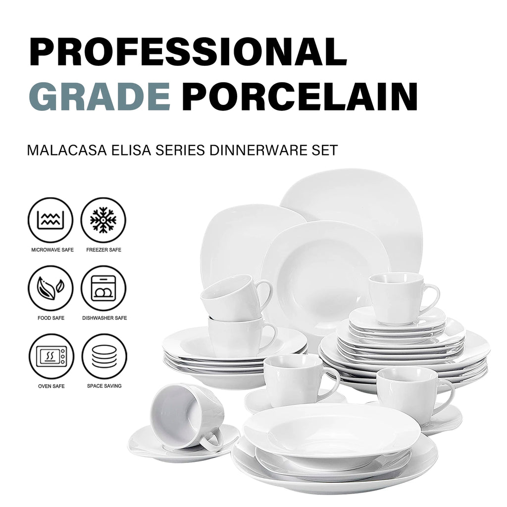 MALACASA Elisa 30-Piece Porcelain Dinnerware Set – Service for 6 with Plates, Bowls, Cups & Saucers