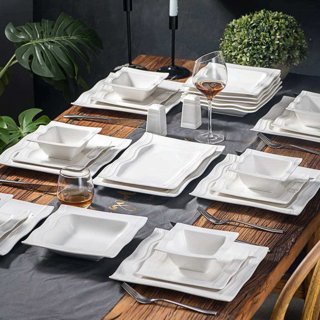 MALACASA Square White Porcelain Dinnerware Set – 28 Piece Plates, Bowls & Serveware Set