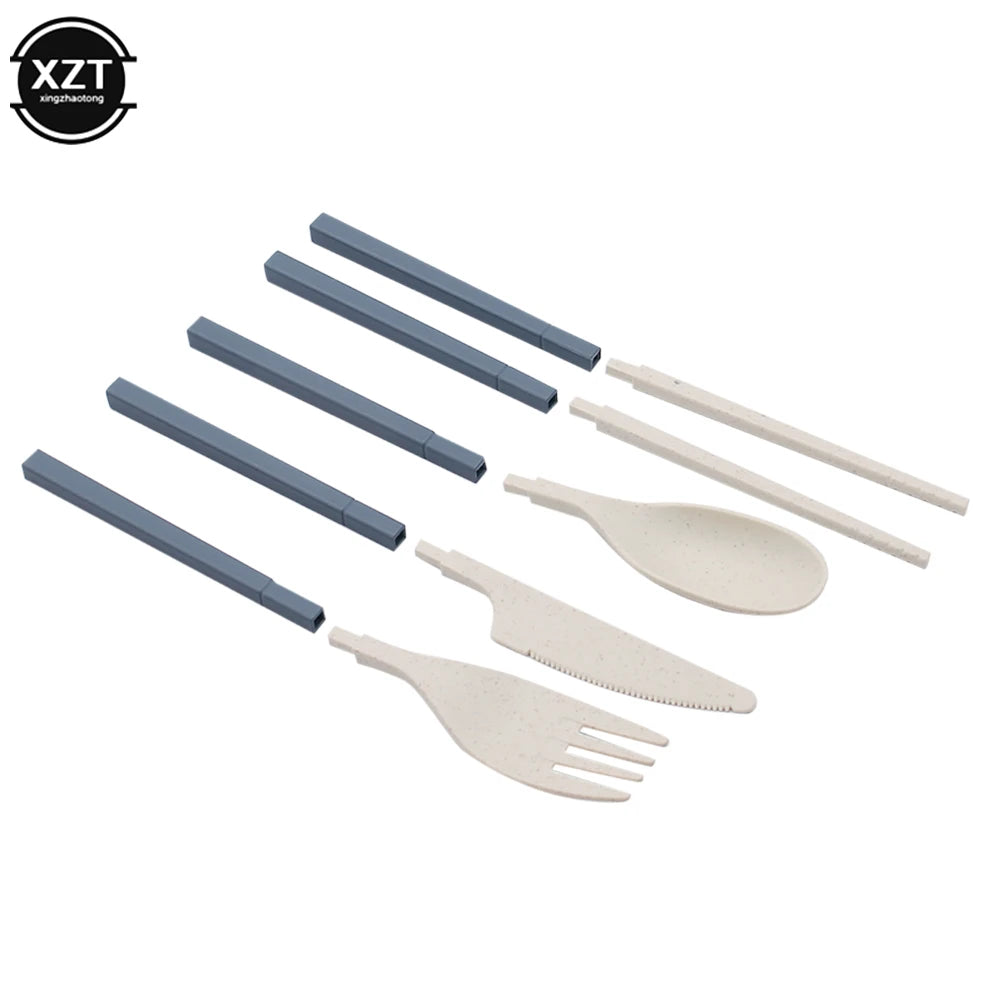 Foldable Wheat Straw Spoon Fork Knife Chopsticks Cutlery Set With Box Removable Dinnerware For Outdoor Travel Picnic Tableware