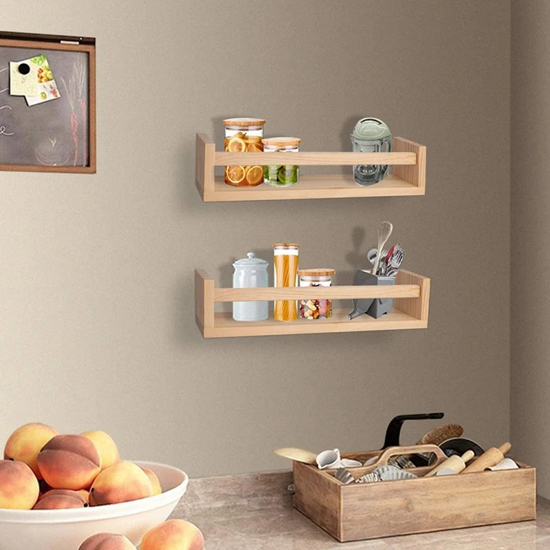 2Pcs Bookshelf,Natural Wood Floating Wall Bookshelf For Kids,Nursery Shelves For Wall,Bathroom Decor, Kitchen Spice Rack