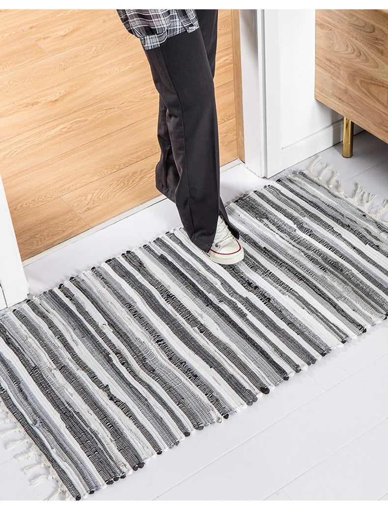 Rag Cotton Tassel Door Mat Indoor Machine Washable Bedroom Carpet Rugs Stripe Handmade Kitchen Area Rug Hallway Entrance Doormat