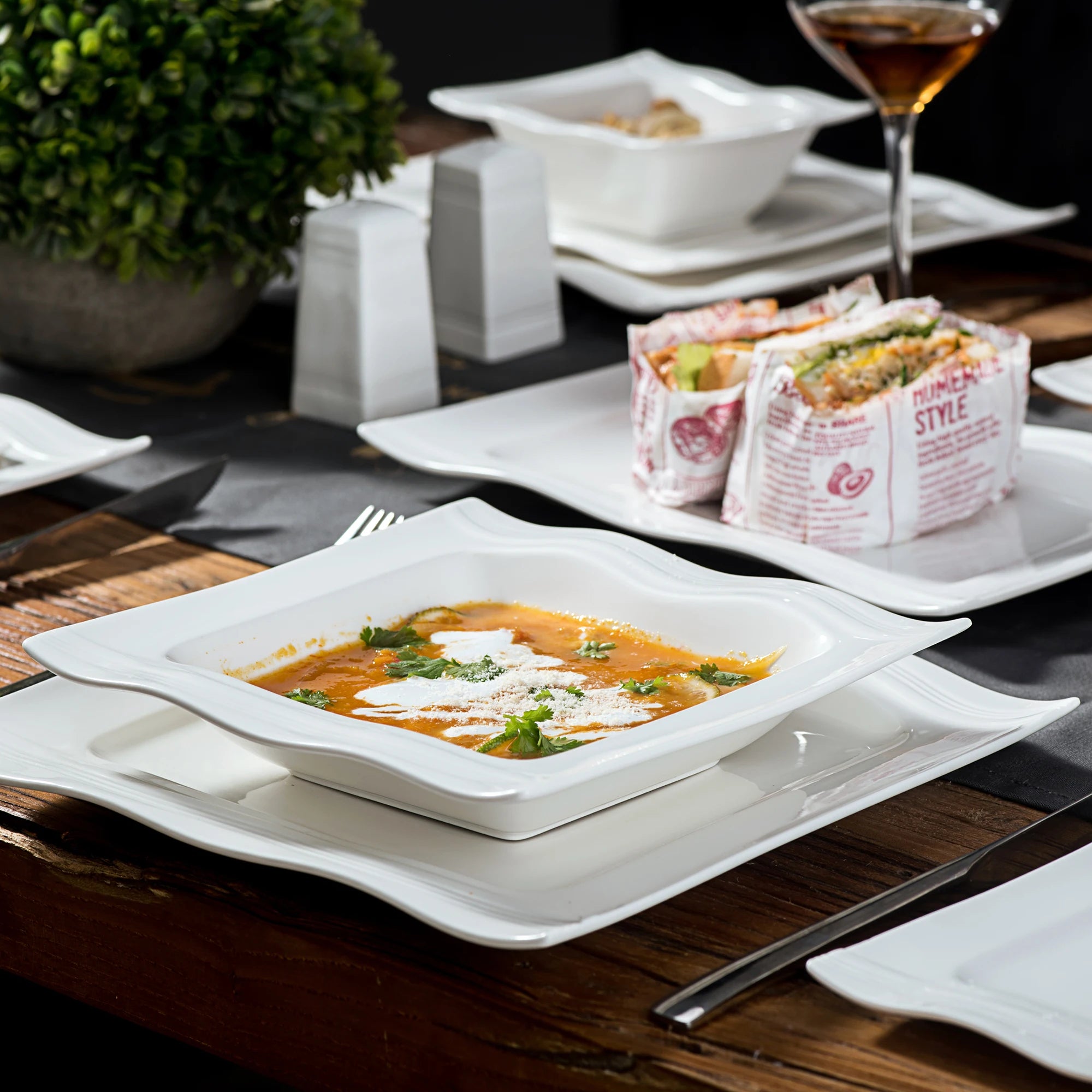 MALACASA Square Dinnerware Sets 28 Piece White Porcelain Plates and Bowls Set Salt Pepper Pot Salad Pasta Bowls Dinner Set