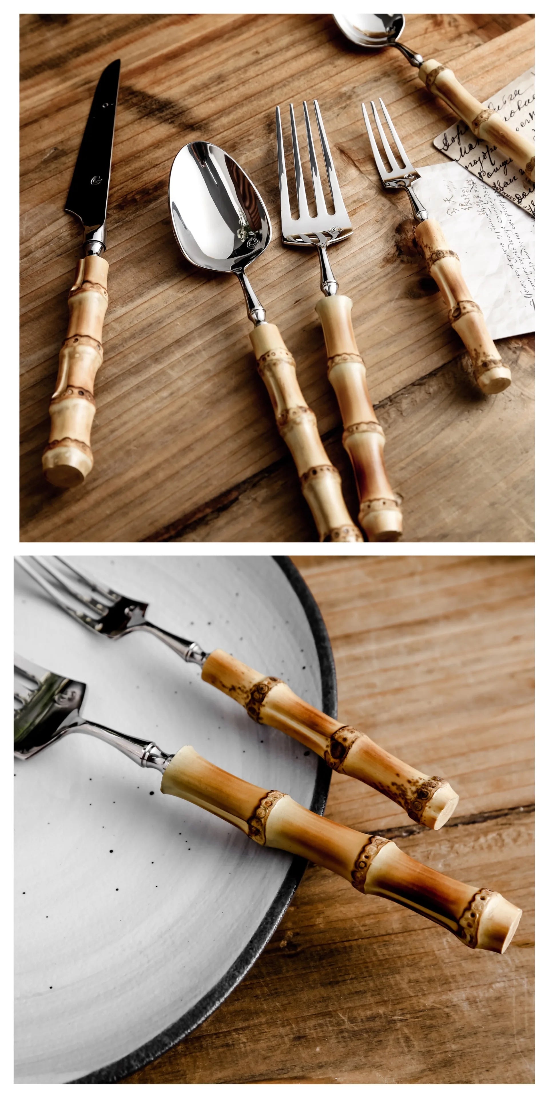 Bamboo Handle Cutlery Set Dinnerware Set 5/20pcs 18/10 Stainless Steel Knife Fork Spoon Tableware Cutleries Sets Dropshipping