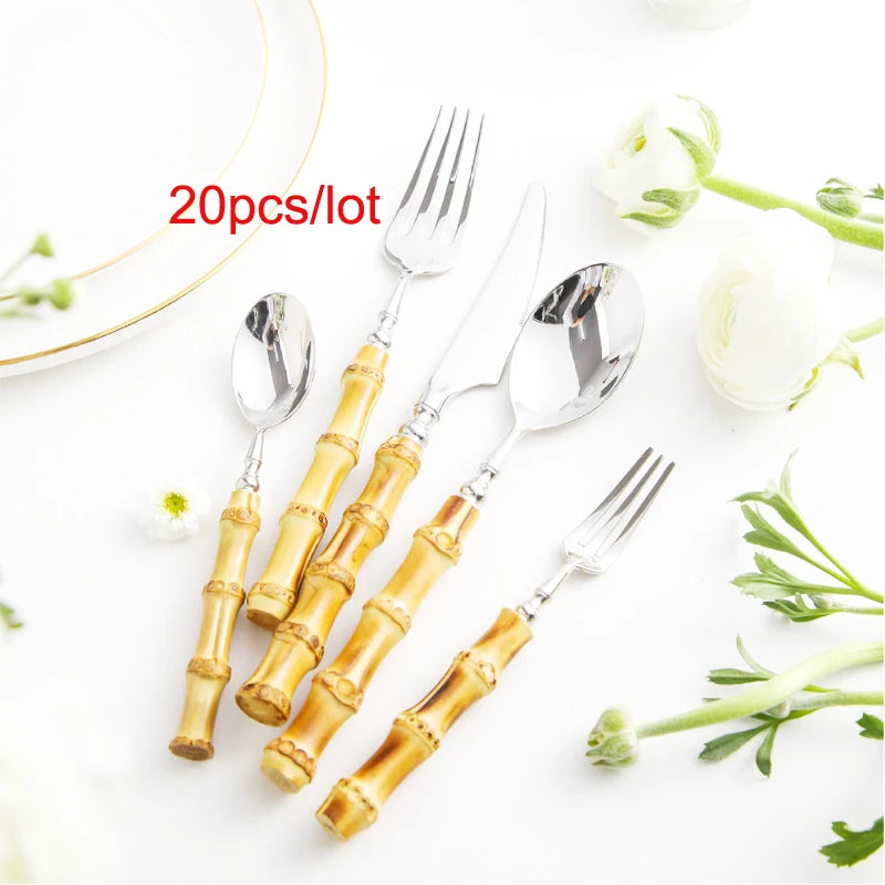 Bamboo Handle Cutlery Set Dinnerware Set 5/20pcs 18/10 Stainless Steel Knife Fork Spoon Tableware Cutleries Sets Dropshipping