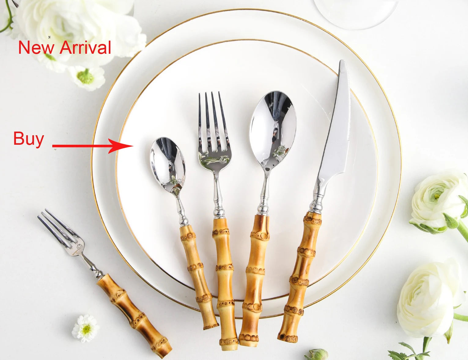 Bamboo Handle Cutlery Set Dinnerware Set 5/20pcs 18/10 Stainless Steel Knife Fork Spoon Tableware Cutleries Sets Dropshipping