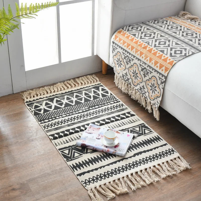 Retro Boho Cotton Linen Tassel Woven Carpet Geometric Floor Mat Door Bedroom Tapestry Decorative Blanket Living Room Area Rug