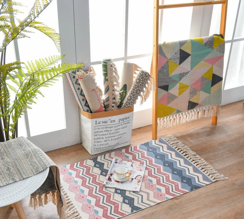 Retro Boho Cotton Linen Tassel Woven Carpet Geometric Floor Mat Door Bedroom Tapestry Decorative Blanket Living Room Area Rug