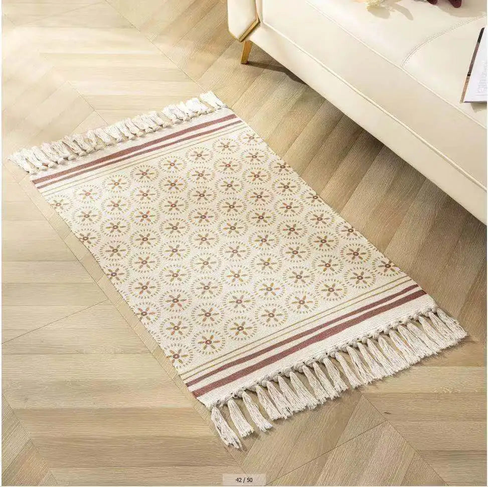 Retro Boho Cotton Linen Tassel Woven Carpet Geometric Floor Mat Door Bedroom Tapestry Decorative Blanket Living Room Area Rug