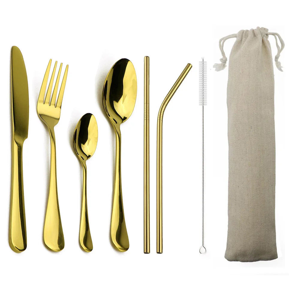 4-Pcs Blue Dinnerware with 2-Pcs Metal Straw Stainless Steel Colorful Tableware Knife Fork Teaspoon Silverware Cutlery