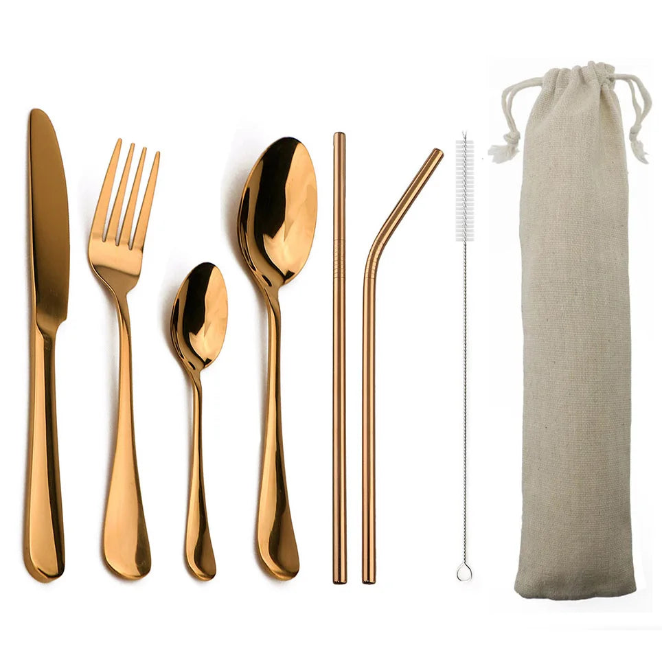 4-Pcs Blue Dinnerware with 2-Pcs Metal Straw Stainless Steel Colorful Tableware Knife Fork Teaspoon Silverware Cutlery