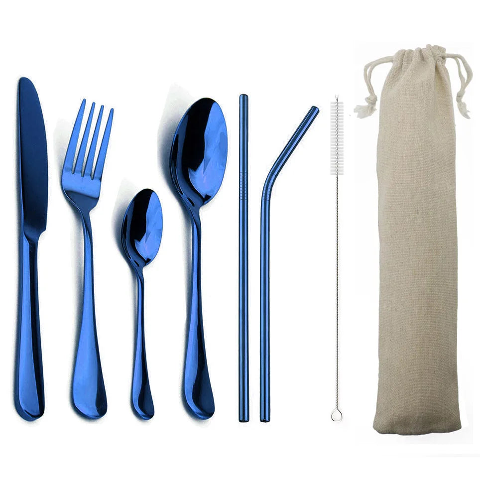 4-Pcs Blue Dinnerware with 2-Pcs Metal Straw Stainless Steel Colorful Tableware Knife Fork Teaspoon Silverware Cutlery